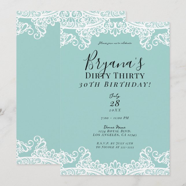 Teal Turquoise White Lace Dirty 30 30th Birthday   Invitation (Front/Back)
