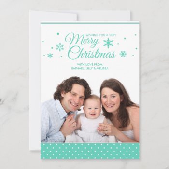 Teal Turquoise & White Merry Christmas Photo Card by PeachyPrints at Zazzle