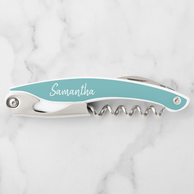 Teal Turquoise White Modern Script Name Waiter's Corkscrew (Front)