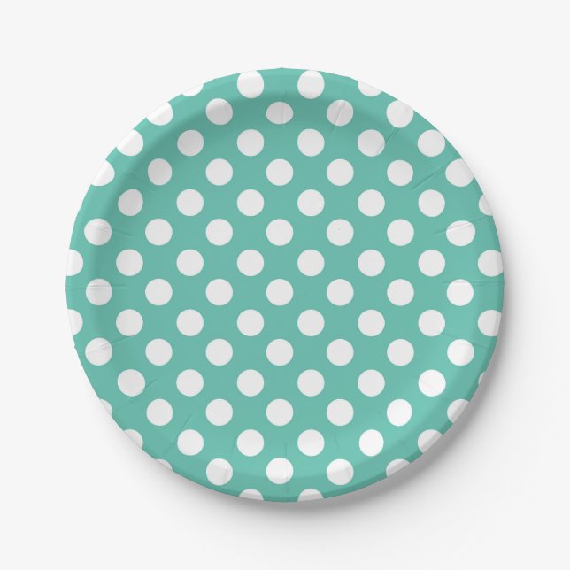 Teal Turquoise & White Polka Dots Birthday Party Paper Plates (Front)