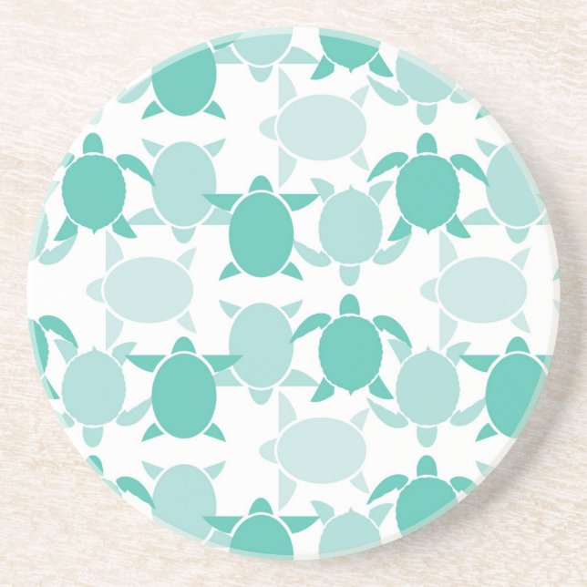 Teal Turtle Pattern Sandstone Coaster (Front)