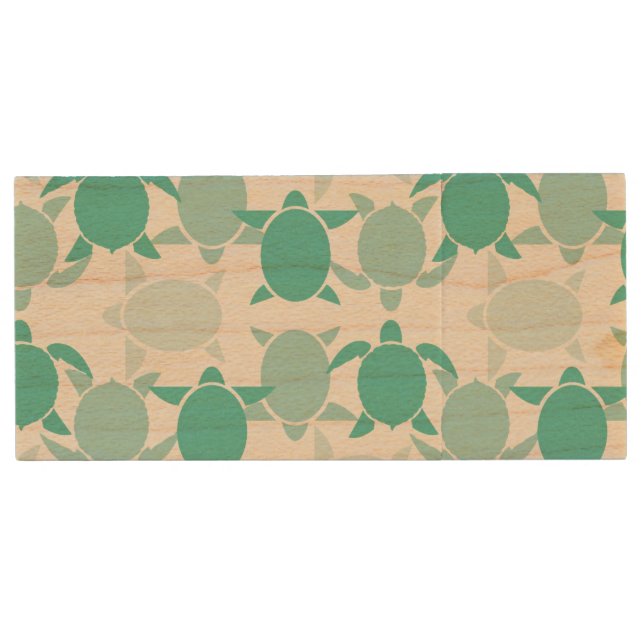 Teal Turtle Pattern Wood USB Flash Drive (Front)