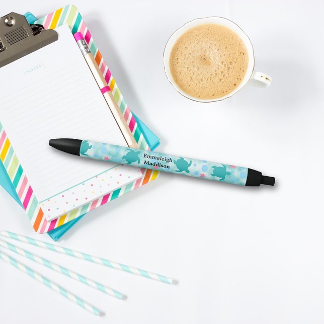 Teal Turtle Pink Star Pattern Monogram Pen (Creator Uploaded)