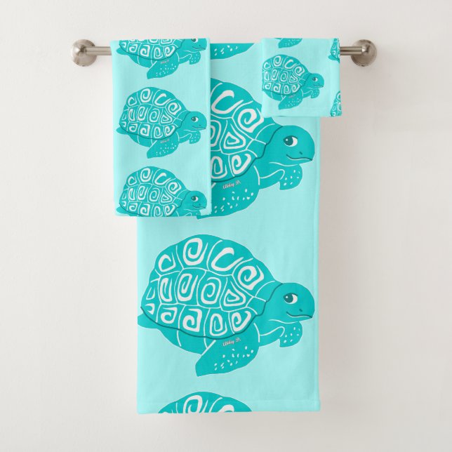 Teal Turtles Pattern Aqua Towel Set (Insitu)