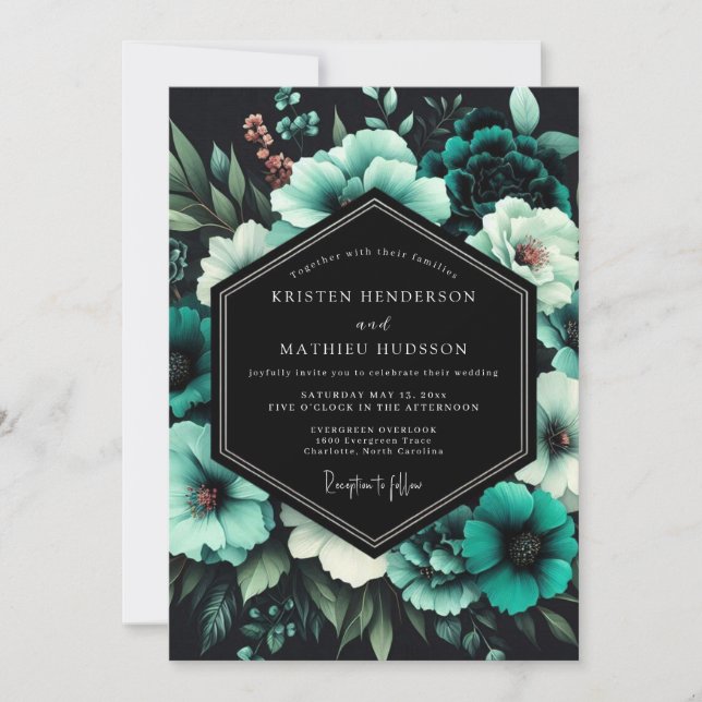 Teal Twilight Bloom Wedding Invitation (Front)