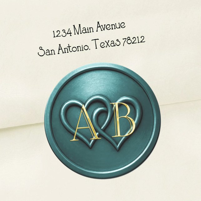 Teal Two Hearts Intertwined Monogram Wedding Classic Round Sticker (Creator Uploaded)