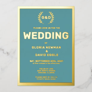 Teal Typography Wedding Real Gold Foil Invitation