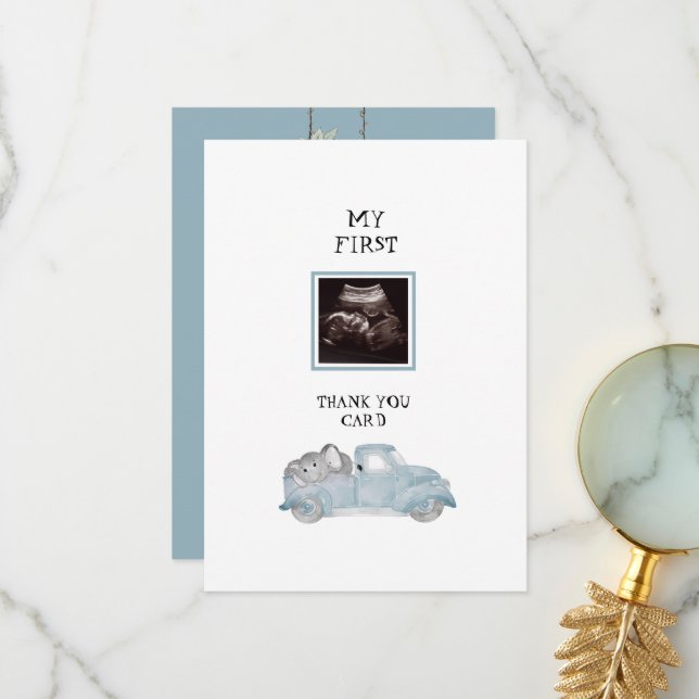 Teal Ultrasound Truck Funny Baby Thank You Card (Front/Back In Situ)