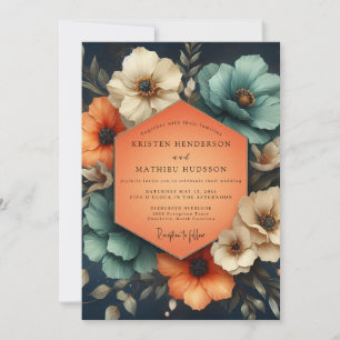 Teal Umber Floral Wedding Invitation