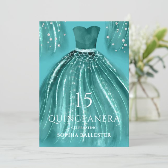 Teal Under the Sea Mermaid Dress Quinceanera Invitation (Standing Front)