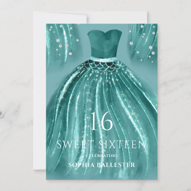 Teal Under the Sea Mermaid Dress Sweet 16 Party Invitation (Front)