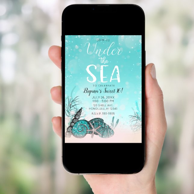 Teal Under the Sea Shells Beach Sweet 16 Party Invitation (Front Digital)