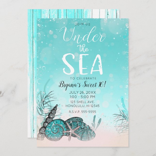 Teal Under the Sea Shells Beach Sweet 16 Party Invitation (Front/Back)