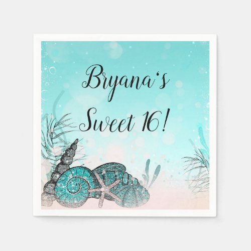 Teal Under the Sea Shells Beach Sweet 16 Party Napkins