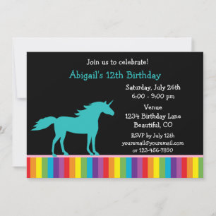 Teal Unicorn and Rainbow Girls Birthday Invitation