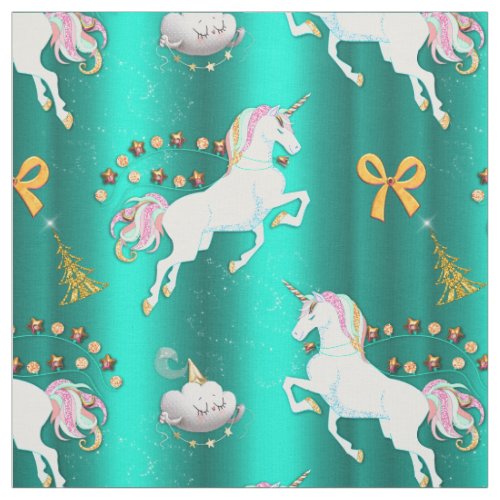 Teal Unicorn Christmas Fabric
