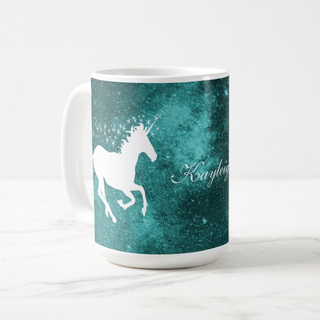 Teal Unicorn Personalized Coffee Mug (Front Left)