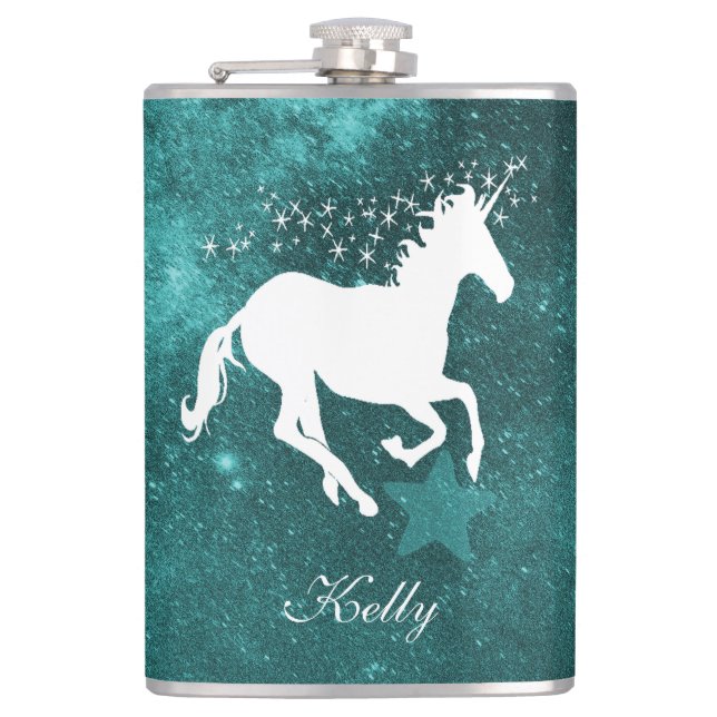 Teal Unicorn Personalized Flask (Front)