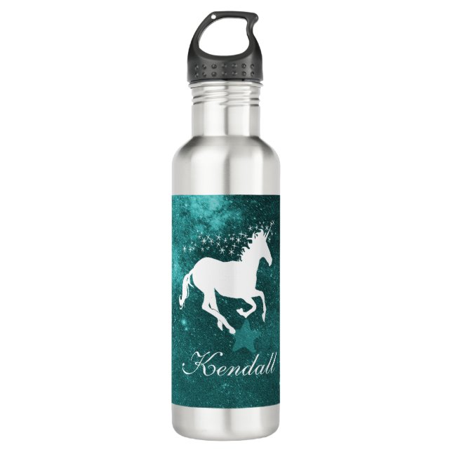 Teal Unicorn Personalized Stainless Steel Water Bottle (Front)