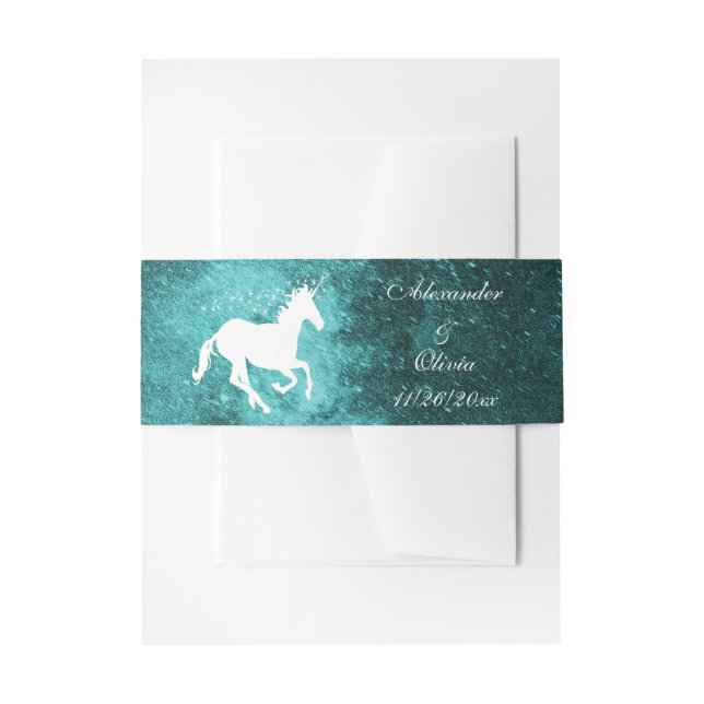 Teal Unicorn Wedding Invite Belly Band (Front Example)