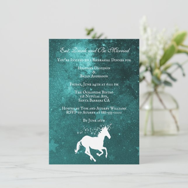Teal Unicorn Wedding Rehearsal Dinner Invite (Standing Front)