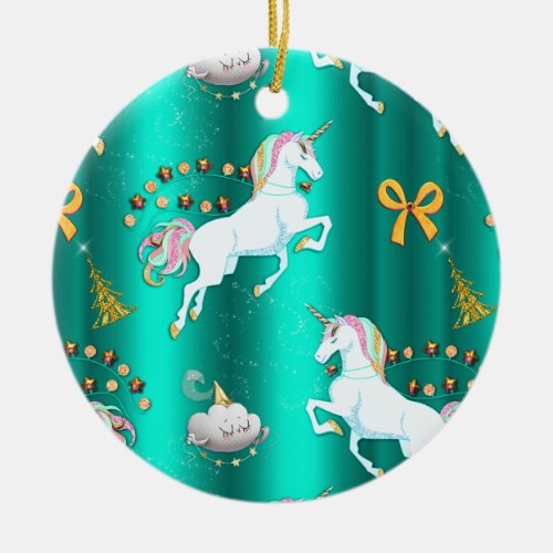 Teal Unicorns Christmas Ceramic Ornament