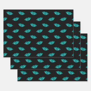 Teal Vampire Lips and Teeth on Black Wrapping Paper Sheets