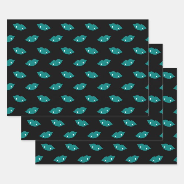 Teal Vampire Lips and Teeth on Black Wrapping Paper Sheets (Set)