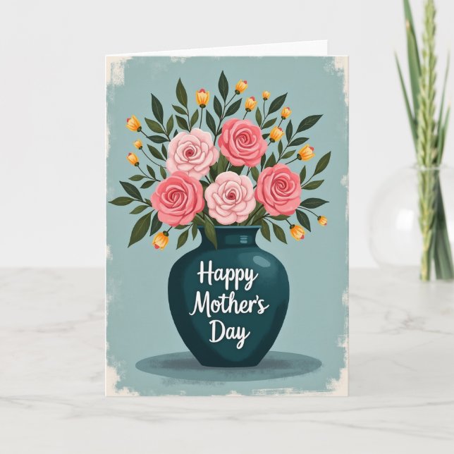 Teal Vase Mothers Day Roses Card (Front)