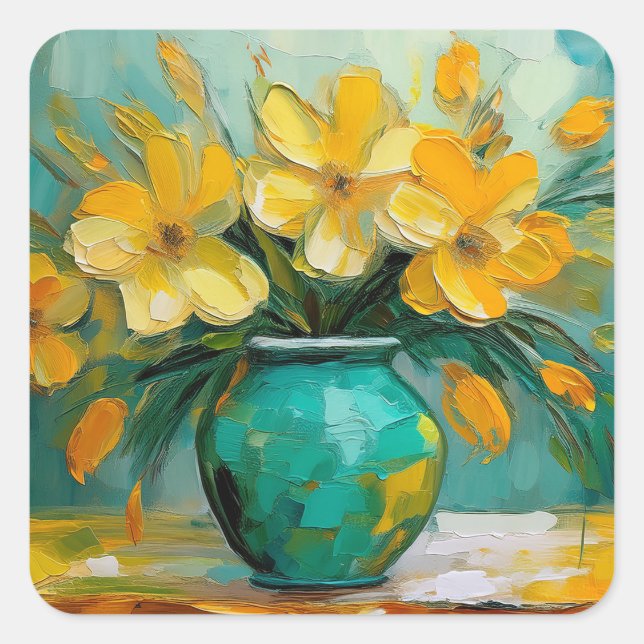 Teal Vase of Yellow Flowers Square Stickers (Front)