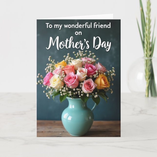 Teal Vase Rose Mothers Day Card (Front)