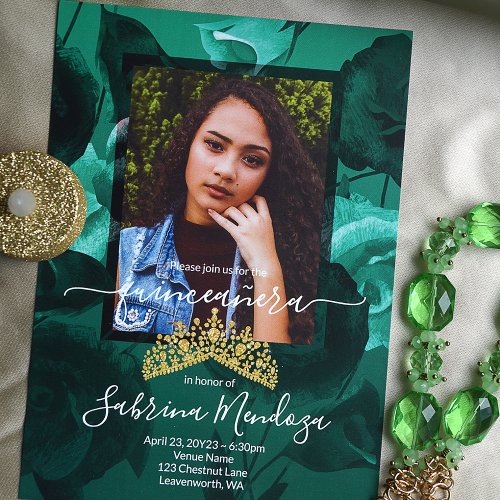 Teal Verde Green Quinceanera Gold Tiara Invitation