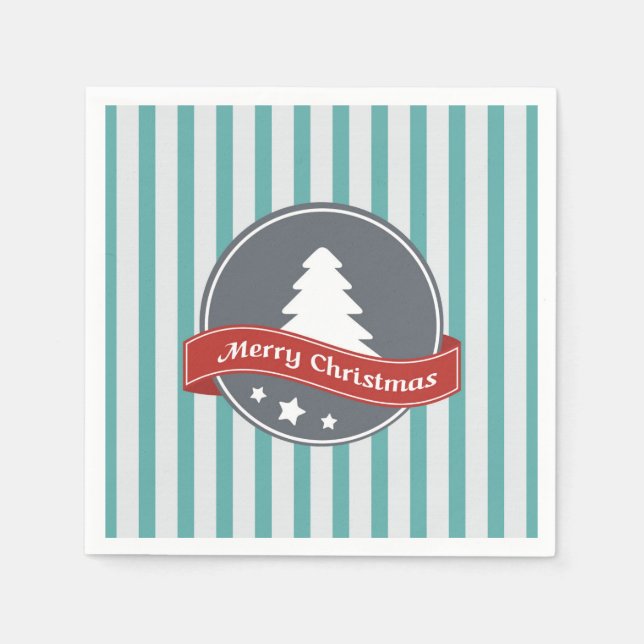 Teal Vertical Stripes with Merry Christmas Message Paper Napkins (Front)