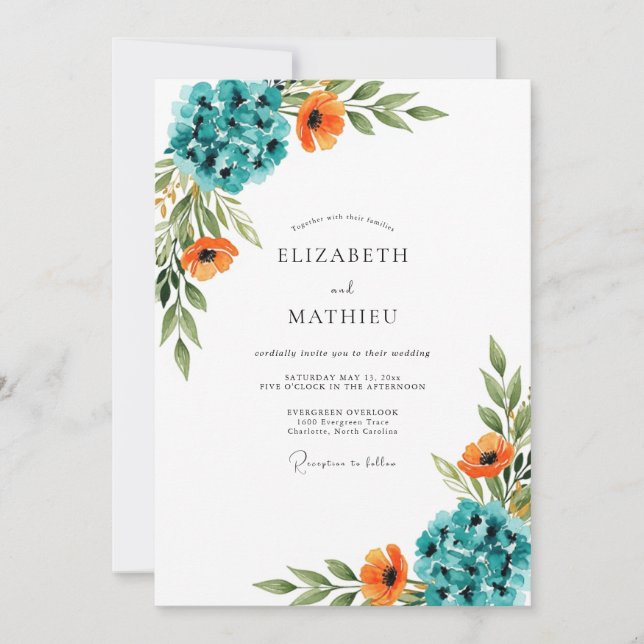 Teal Vibrant Botanical Wedding Invitation (Front)