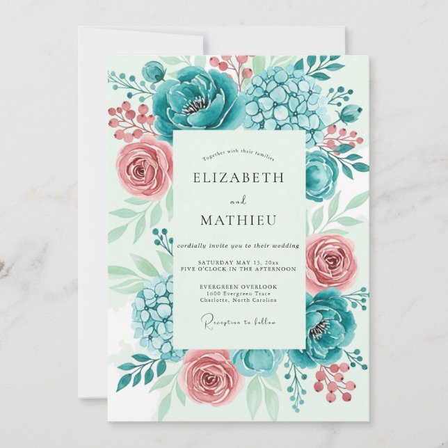 Teal Vibrant Peony Spring Wedding Invitation (Front)