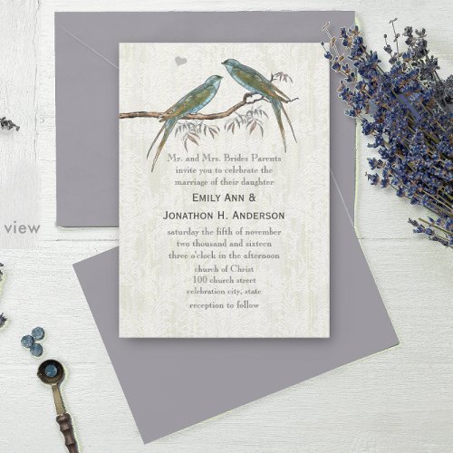 Teal Vintage Bird Wedding Invitations