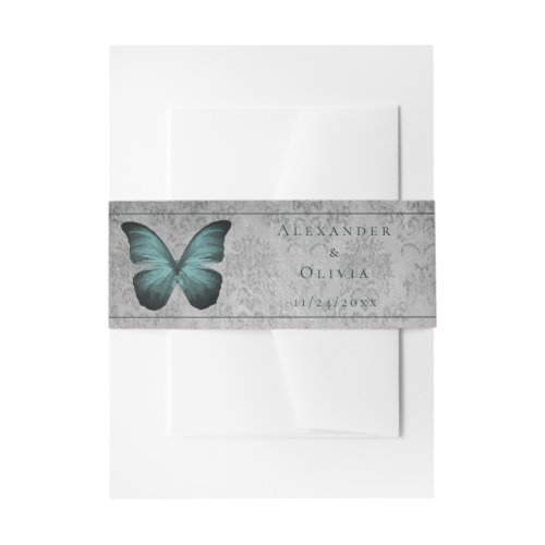 Teal Vintage Butterfly Damask Invitation Belly Band