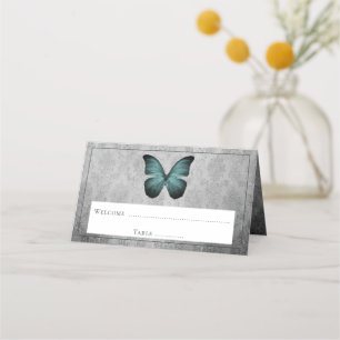 Teal Vintage Butterfly Damask Reception Place Card