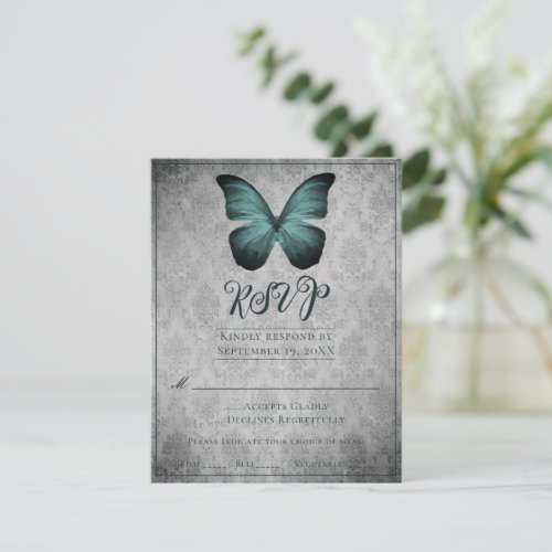 Teal Vintage Butterfly Damask Wedding RSVP