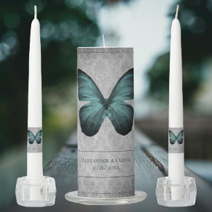 Teal Vintage Butterfly Damask Wedding Unity Candle Set