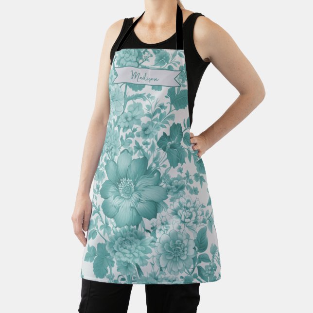 Teal Vintage Chinoiserie Floral Personalized Apron (Insitu)