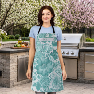 Teal Vintage Chinoiserie Floral Personalized Apron