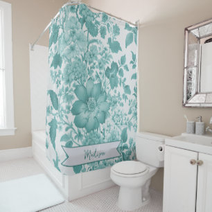 Teal Vintage Chinoiserie Floral Personalized Shower Curtain