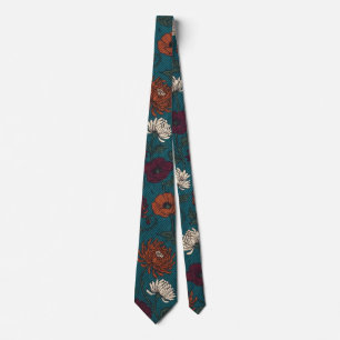 Teal Vintage Chrysanthemum Floral Neck Tie