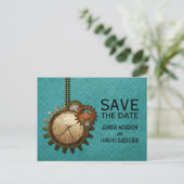 Teal Vintage Clock Save the Date Postcard (Standing Front)