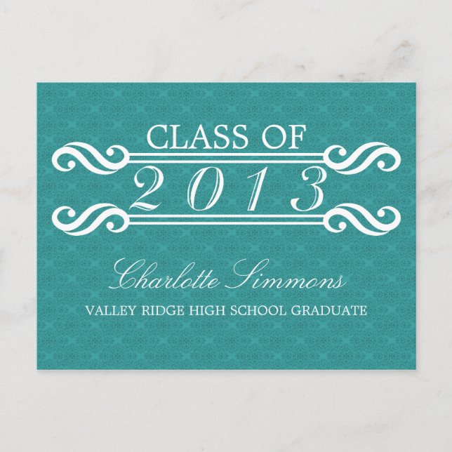Teal Vintage Damask 2013 Grad Party Postcard (Front)