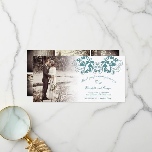 Teal Vintage Damask Floral Flourish Photo Wedding Thank You Card