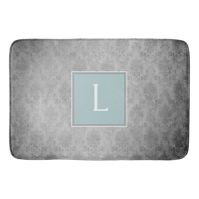 Teal Vintage Damask Monogram Bath Mat (Front)