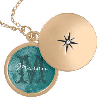 Teal Vintage Damask Monogram Name Locket Necklace