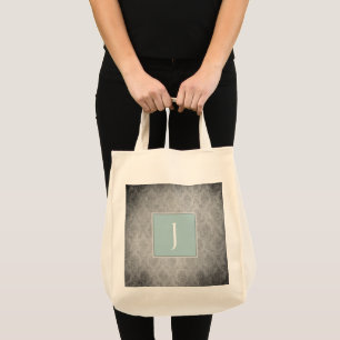 Teal Vintage Damask Monogram Tote Bag